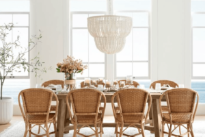 Wood bead chandelier over dining room table